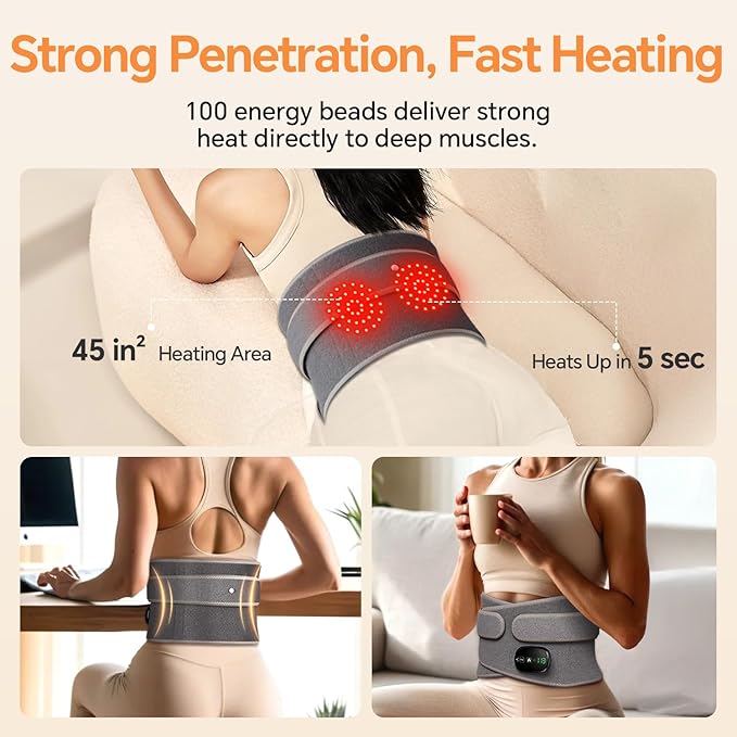 Heating Pad for Back, Lumbar Massager, Heated Waist Belt Wrap, Lower Back Pad with Heat Vibration 3 Levels Adjustable, 180 mins Battery, Cordless Portable, Touchscreen Control RelaxationMadeSimple