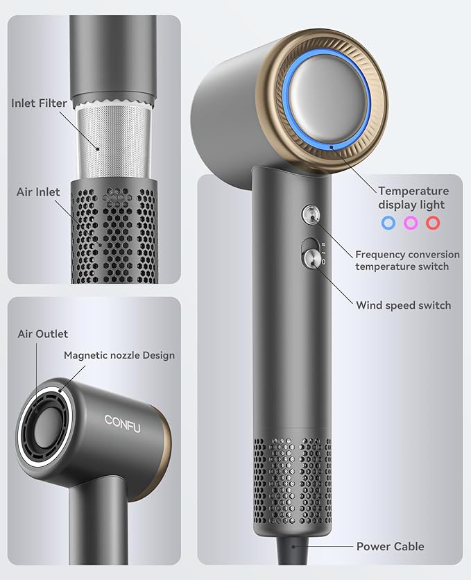 Hair Dryer, CONFU Ion Hair Dryer with Diffuser for Curly Hair, 110000 RPM Professional High Speed Blow Dryer, 1400W Diffuser Hairdryers Fast Drying for Women Men CONFU