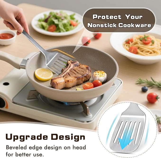 4 Pcs Cooking Utensils Set, Stainless Steel Kitchen Utensils, Heat Resistant Metal Kitchen Tools Include Solid & Slotted Turner Wok Spatula, Serving Spoon, Ergonomic Handle, Easy to Clean, Silver Kick Boosters
