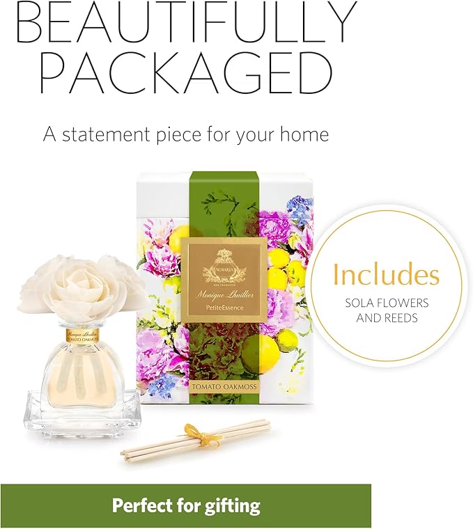 Agraria Monique Lhuillier Tomato Oakmoss PetiteEssence Fragrance Reed Diffuser, 1.7 Oz, Fresh Alluring Sola Flower Earthy Scent Diffusers for Home AgrariaHome