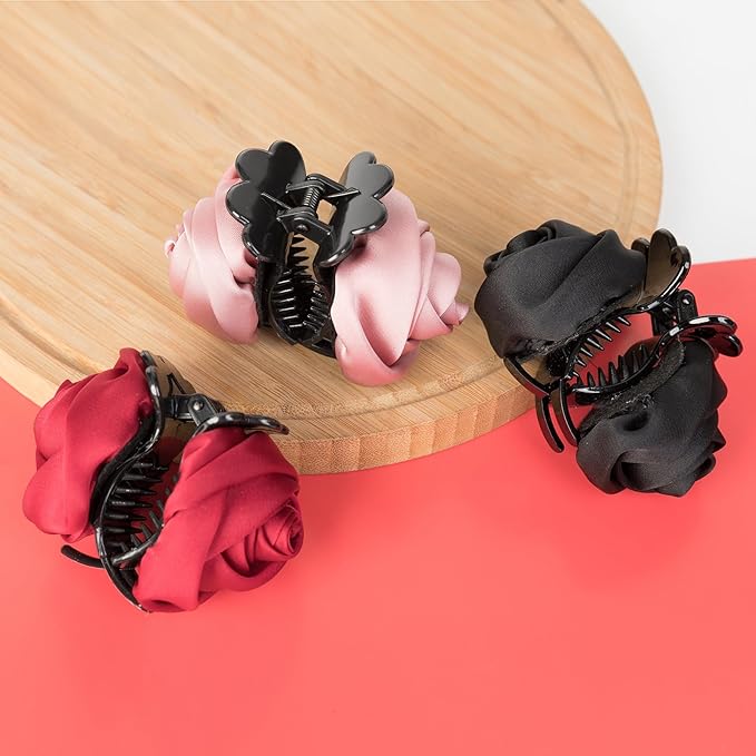 Rose Hair Clip,1.61 Inch Small Flower Hair Claw Clip,Satin Rose Elegant Hair Flowers Claw Clip Floral Wedding Hair Accessories Birthday Thanksgiving Gift for Women Girls (Pink Red Black) Agirlvct