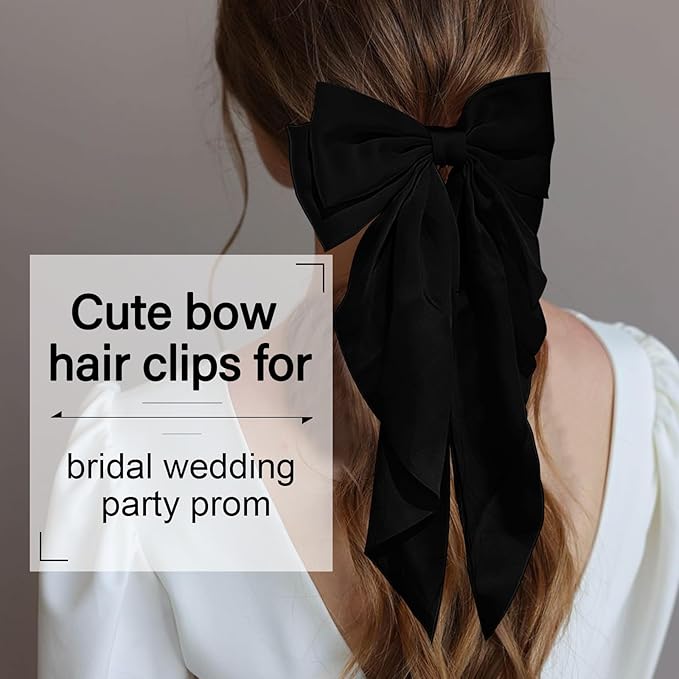 Large Blcak Satin Hair Bows Hair Ribbon Barrettes Cute for Girls with Long Tails Women's Hair Accessories Gifts (black) Egowry