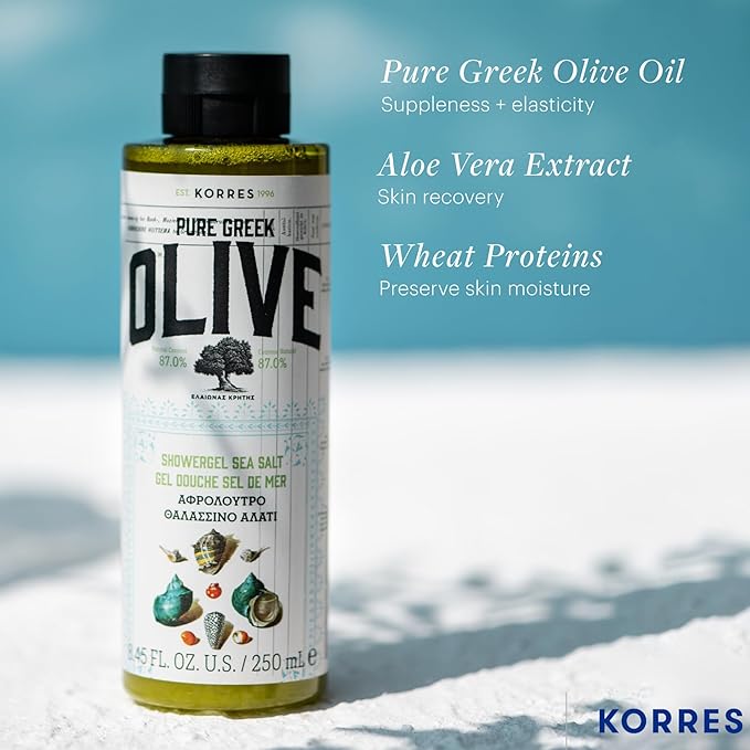KORRES Olive Oil Shower Gel for Dry Skin, Moisturizing Body Wash Cleanser Made with Pure Greek Olive Oil, Hydrating and Nourishing Bath Soap for Smooth, Supple Skin, Sea Salt Scented, 8.45 fl oz Korres
