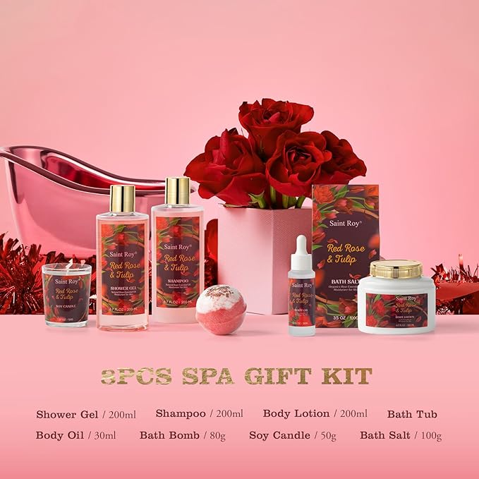 Christmas Gifts for Women, spa kit Gifts for Her Mother's Day Bath Spa Gift Set Red Rose & Tulip Spa Basket Kits for Women, Contains Body Oil, Body Lotion, Salt, self care baskets Mother's Day Gift SaintRoy