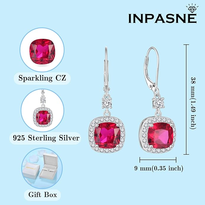 Women Leverback Earrings 925 Sterling Silver Princess Cut Halo Earrings Birthstone Dangle Drop Earrings for Women Her Mom Wife INPASNE