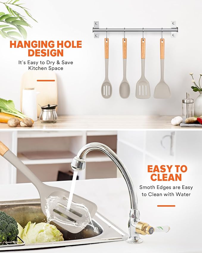 Silicone Cooking Utensils Set, Perfectly Angled for Frying, Mixing,Serving,Draining,Turning and Stirring, BPA-Free Matte Silicone, Wood Handles, Safe for Nonstick Cooking Surfaces,4 Pack (Khaki) BADIANO