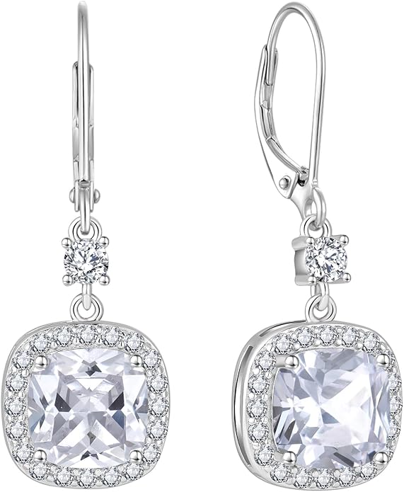 Women Leverback Earrings 925 Sterling Silver Princess Cut Halo Earrings Birthstone Dangle Drop Earrings for Women Her Mom Wife INPASNE
