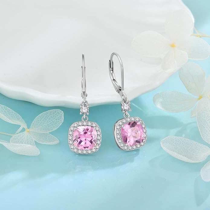 Women Leverback Earrings 925 Sterling Silver Princess Cut Halo Earrings Birthstone Dangle Drop Earrings for Women Her Mom Wife INPASNE