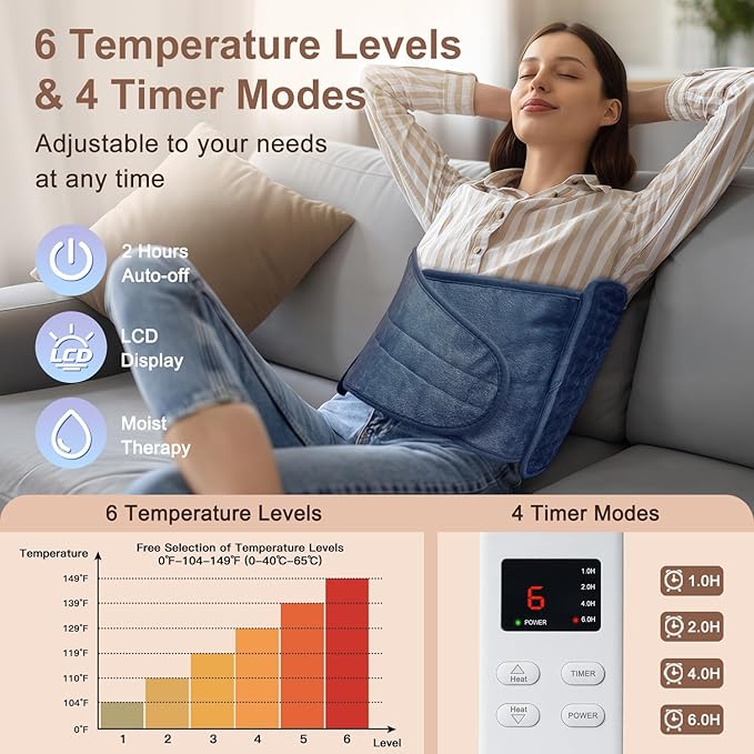 Heating Pad for Back Pain Relief, 12"x24"+20" Large Electric Heating Pad for Period Cramps Neck Shoulders with Belt, 4 Timer 6 Heat Setting & Auto Shut Off, Moist Heat Pad for Women (Blue) IGXHAVIZ