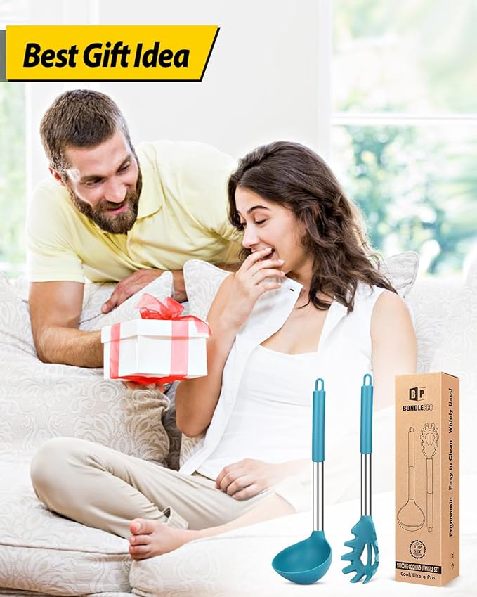 Silicone Pasta Fork and Ladle Spoon Set, Large Non Stick Kitchen Utensils for Cooking,Stirring,Serving Spaghetti, Soup, Sauce (BLUE) BUNDLEPRO