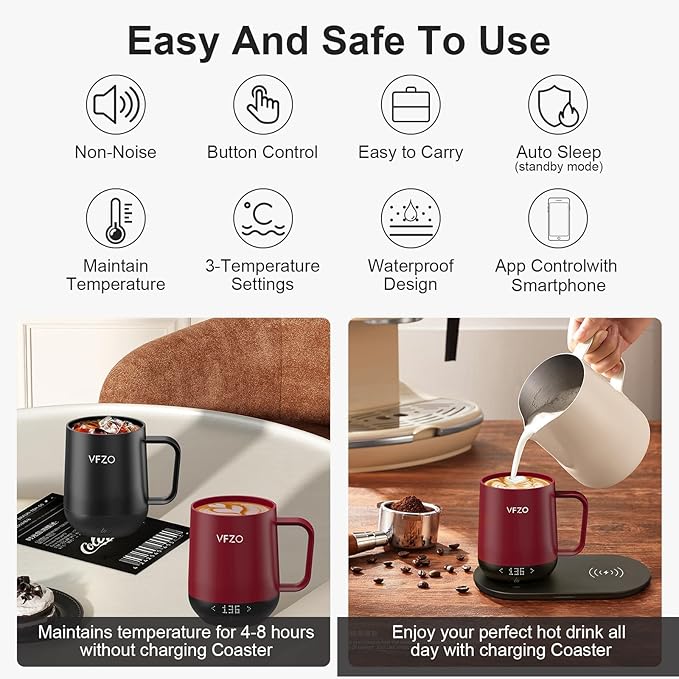 Temperature Control Smart Mug, Self Heating Coffee Mug LED Display, 180 Min Battery Life - Hot up to 149℉ Fast Wireless Charger Base Improved Design coffee serving sets (12oz, Burgundy) VFZO