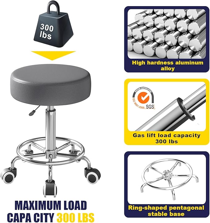 Rolling Stool, Heavy Weight Capacity 250lb, PU Leather Rolling stools, Ultra Soft Padded Seat, Rolling Stools with Wheels and Footrest, 360° Swivel, Spa Drawing Salon Work Office Tattoo Stool (Grey) YEEZEE