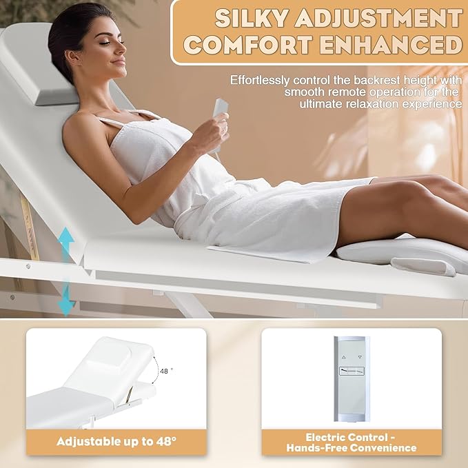 Stationary Massage Table with Memory Foam, Massage TattooTable with Adjustable Height, Facial Bed for Esthetician, PU Leather for Physical Therapy & Spa (Metal/ 2 Molds-White, 44.7''L x 22''W) Kick Boosters