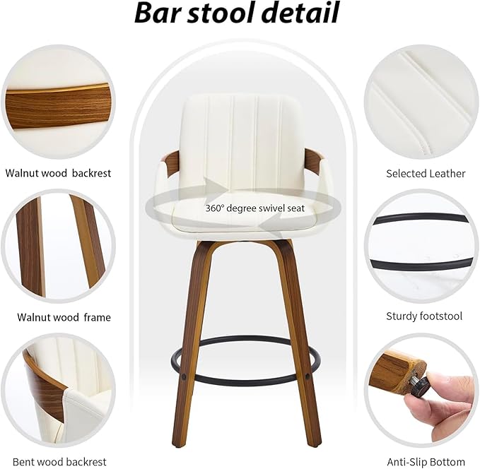 Bar Stools Set of 3, 26" Counter Height Swivel Stools with Back, Walnut Wood Frame, PU Leather, Built-in Footrest, Modern Kitchen Island Chairs – Easy Assembly & Sturdy Design - White VipDesk
