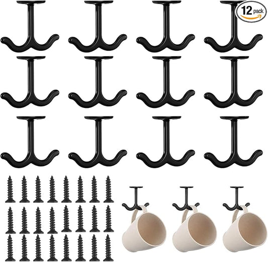 12 Pcs Zinc Alloy Double Hook, Ceiling and Under Shelf Hooks with Screws for Wardrobe, Cabinet, Garage, Coat, Towel and Hat Kick Boosters