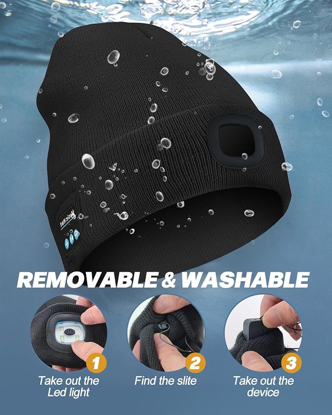 Bluetooth Beanie with Light, USB Rechargeable LED Headlamp Winter Hat, Christmas Stocking Stuffers Gifts for Men Women MOXTOYU