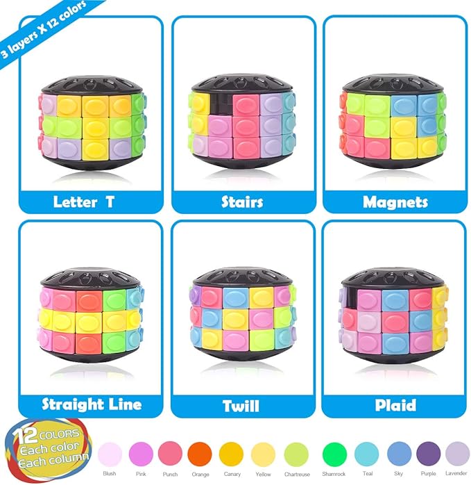 R.Y.TOYS Rotate and Slide Puzzle-Design Patent,Fidget Toys(Restore Order/Create Patterns) 12 Colors,3 Layers-Open Cover for Quick Play,Brain Teaser,Sensory Toys,Birthday Gifts,Stocking Stuffers
