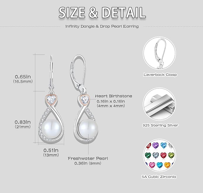 Heart Birthstone Pearl Earrings, 925 Sterling Silver Infinity Dangle Drop Leverback Earrings, 9mm Freshwater Cultured Pearl & 4mm Gemstone Jewelry Valentine's Day Gift for Women VESHONJEWELRY