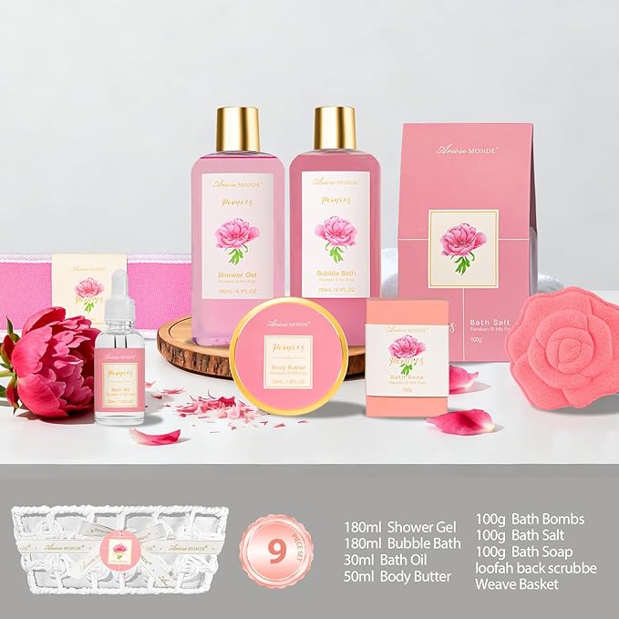 Gift Basket for Women Bath and Body Gift Basket Set for Women, 9pcs Home Spa Set for Self Care, Mothers Day Relaxing Bath Sets Birthday Christmas Gifts for Mom Sister Her Wife Ariosemonde