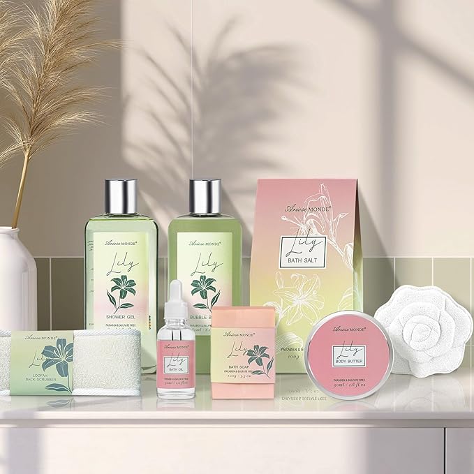 Spa Gift Baskets for Women Bath and Body Gift Set, 9pcs Spa Gifts for Women, Lily Bath Gift Set with Bubble Bath, Body Lotion, Christmas Gifts for Her Relaxing Bath Sets Ariosemonde