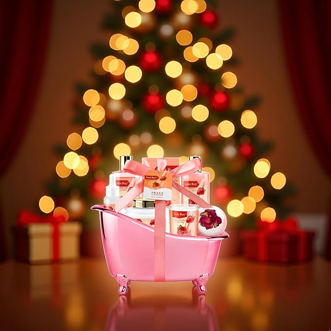 Spa Kit for Women, Bath & Body Gift Set, Luxury Home Spa Bath Gift Basket, Strawberry Scented Bath Set Christmas Gifts for Women, Pamper Gifts for Girls & Teens, Birthday Gift, Bath Self Care Gift SaintRoy