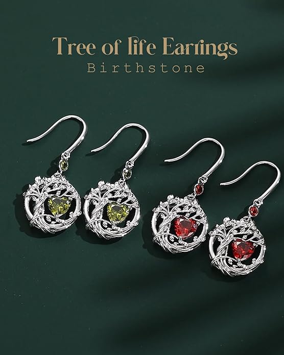 FANCIME Tree of Life Dangle Drop Earrings 925 Sterling Silver Dainty Round Gemstone Birthstone Earring Fine Jewelry Birthday Christmas Gifts for Her Women FANCIME