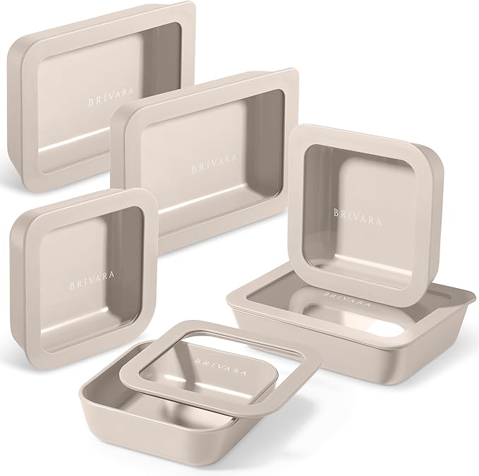 Ceramic Coated Glass Food Storage Container | No PTFE, PFOA, PFAS, and BPA | Reusable Non Toxic Meal Prep Container with Glass Lid | Easy To Store | 6 Piece Food Prep [Crema] BrivaraHome