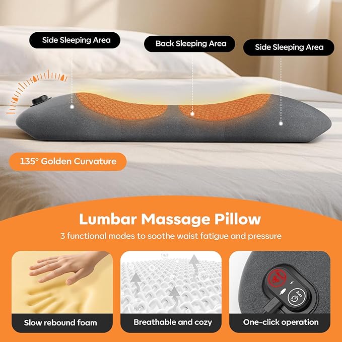 Smooth Triple Fusion Back Massager,with Heat, Vibration & Lumbar Traction - Deep Tissue Lumbar Pillow for Lower Back Pain Relief, Relaxation for Home, Office - Corded Electric（Dark Gray） Huixinline