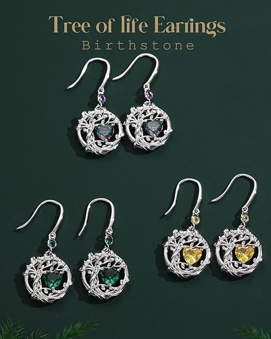 FANCIME Tree of Life Dangle Drop Earrings 925 Sterling Silver Dainty Round Gemstone Birthstone Earring Fine Jewelry Birthday Christmas Gifts for Her Women FANCIME