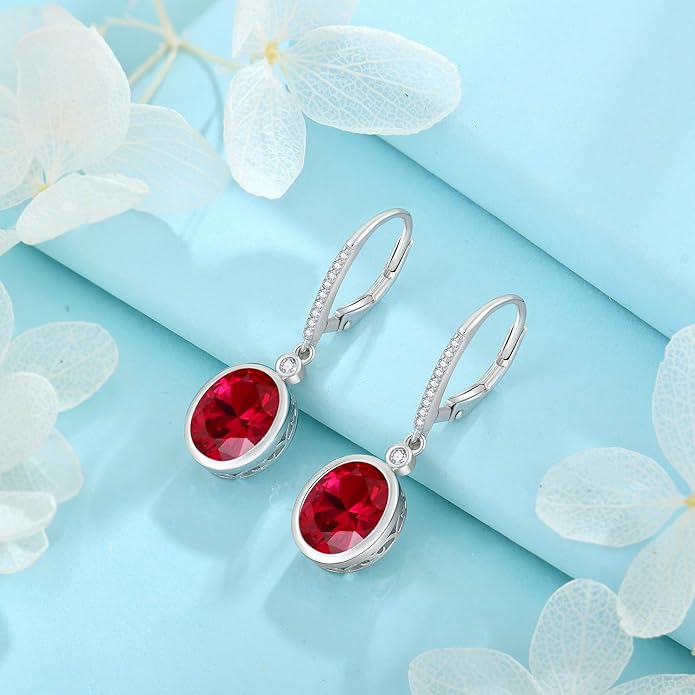 FJ Oval Cut Dangle Drop Earrings 925 Sterling Silver Leverback Earrings Birthstone Jewelry Gifts for Women FJ
