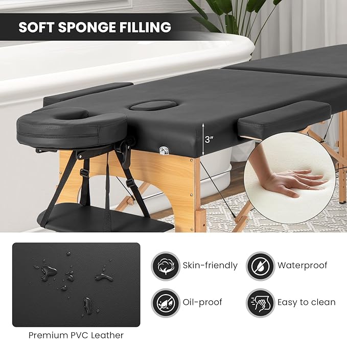 Giantex Massage Table, Portable Massage Bed w/Carrying Case, 2-Section Salon Spa Facial Care Tattoo Bed, Height Adjustable, Wood Frame, Professional Massage Lash Bed for Eyelash Extension (Black) Giantex