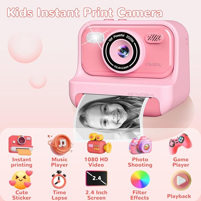 Instant Print Camera for Kids,2.4 Inch Screen Kids Digital Cameras, Christmas Birthday Gifts for Girls Age 3-12, Portable Toddler Travel Toy for 3 4 5 6 7 8 9 10 Year Old Girls Boys Eaever
