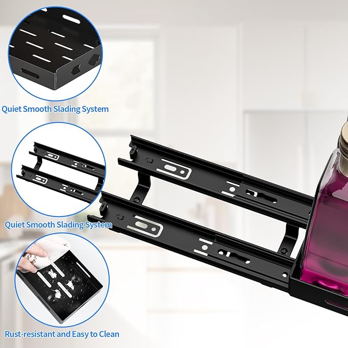 Pull Out Spice Rack Organizer for Cabinet, Heavy Duty-Slide Out Spice Rack, Vertical Spice Rack for Kitchen Cabinet and Pantry (4.2''Wx10.5''Dx2.8''H, Metal Black) BOIVSHI