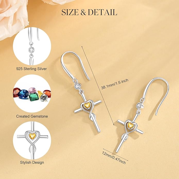 FANCIME Gift for Women Cross Dangle Drop Earrings 925 Sterling Silver Heart Birthstone Earring Fine Jewelry Birthday Gifts for Her Women FANCIME