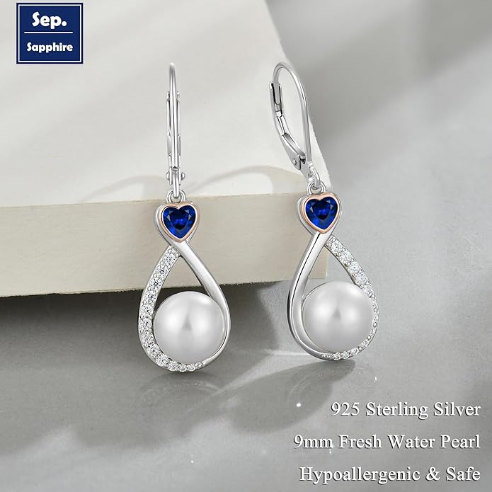 Heart Birthstone Pearl Earrings, 925 Sterling Silver Infinity Dangle Drop Leverback Earrings, 9mm Freshwater Cultured Pearl & 4mm Gemstone Jewelry Valentine's Day Gift for Women VESHONJEWELRY