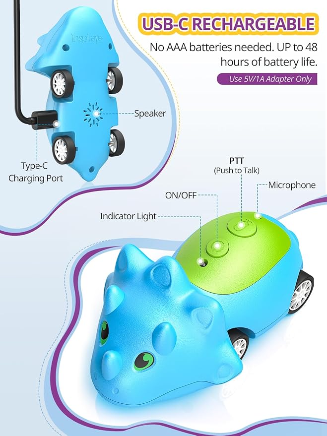 Dinosaur Kids Walkie Talkies 2 Pack, Toys for Boys Girls Age 3 to 5 7, 48H Playtime, Fun for Home or Yard, T-Rex Rechargeable Gift Birthday Christmas Camping Toddlers Inspireyes