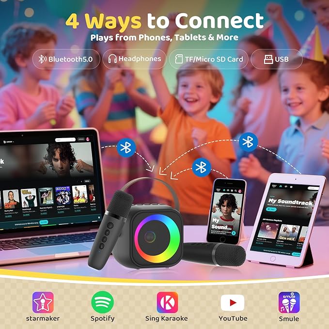 Mini Karaoke Machine, Portable Bluetooth Karaoke Speaker with 2 Wireless Microphones, Singing Machine with Party Lights for Kids and Adults, Birthday Gifts for Girls Boys Family Home Party Kick Boosters