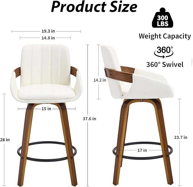 Bar Stools, 26" Counter Height Swivel Stools with Back, Walnut Wood Frame, PU Leather, Built-in Footrest, Modern Kitchen Island Chairs – Easy Assembly & Sturdy Design - White VipDesk