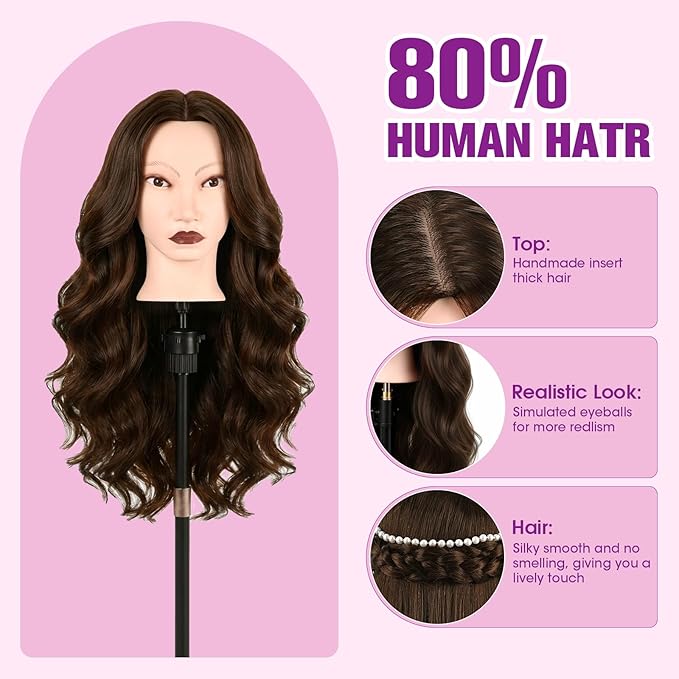 26" Mannequin Head Human Hair, Cosmetology Mannequin Head with 80% Human Hair, Practice Training Doll Head with Clamp Holder and Tools (Dark Brown) MYSWEETY