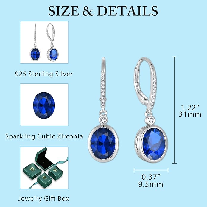 FJ Oval Cut Dangle Drop Earrings 925 Sterling Silver Leverback Earrings Birthstone Jewelry Gifts for Women FJ