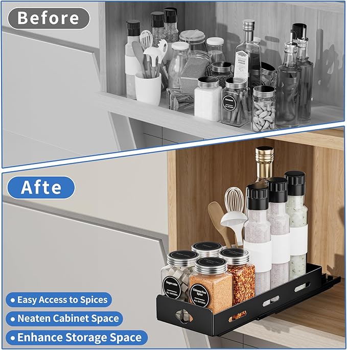 Pull Out Spice Rack Organizer for Cabinet, Heavy Duty-Slide Out Spice Rack, Vertical Spice Rack for Kitchen Cabinet and Pantry (4.2''Wx10.5''Dx2.8''H, Metal Black) BOIVSHI