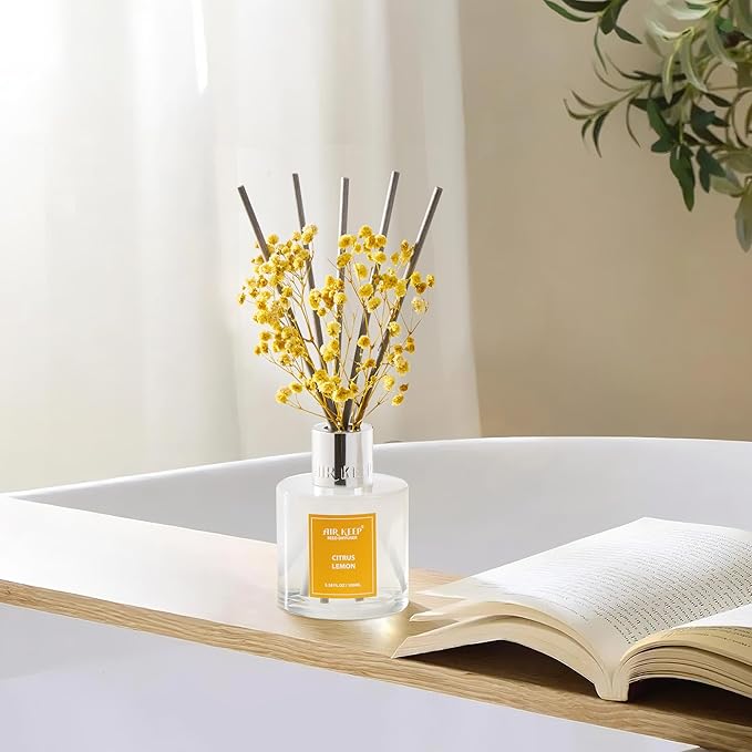 Airkeep Reed Diffuser Set,3.38 fl oz (100 ml) - Citrus Lemon Oil Diffusers with 8 Reed Sticks, Home Fragrance Reed Diffuser for Bathroom Shelf Decor Airkeep