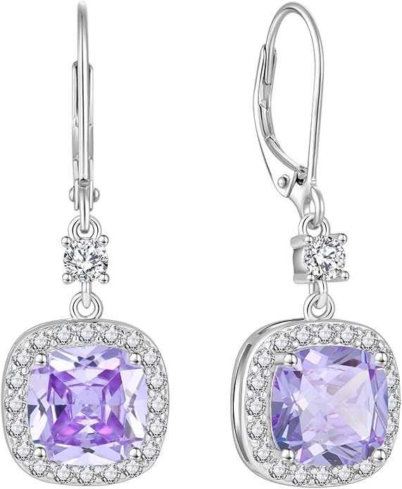 Women Leverback Earrings 925 Sterling Silver Princess Cut Halo Earrings Birthstone Dangle Drop Earrings for Women Her Mom Wife INPASNE
