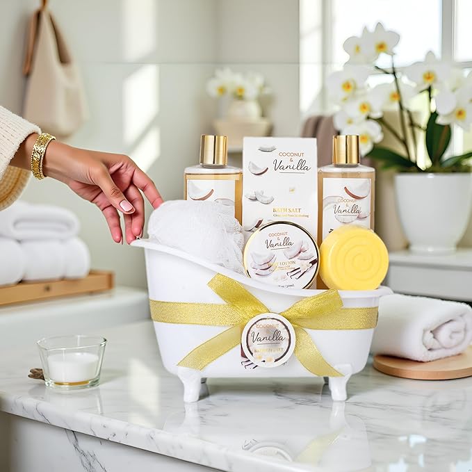 Christmas Gifts for Women and Men - 8-Piece Luxury Coconut Vanilla Bath & Body Gift Set for Women Self Care Kit Spa Gift Baskets | Perfect Gifts for Mom, Birthday Gifts, All Occasion Holiday Present SaintRoy