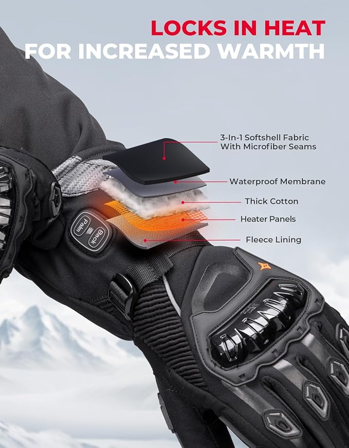 KEMIMOTO Heated Motorcycle Gloves for Men and Women with Hard Protective Shields, 7.4V 3000mAh Rechargeable Battery, Waterproof, Windproof, Touchscreen Compatible kemimoto