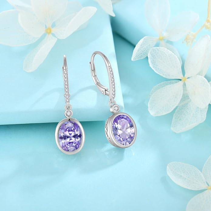 FJ Oval Cut Dangle Drop Earrings 925 Sterling Silver Leverback Earrings Birthstone Jewelry Gifts for Women FJ