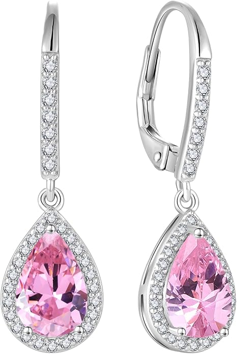 FJ Teardrop Dangle Drop Earrings 925 Sterling Silver Halo Leverback Earrings Birthstone Jewelry Gifts for Women FJ