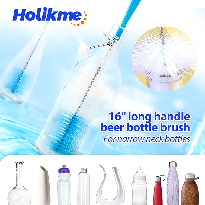 Holikme Bottle Brush Tube Cleaning Lab Set with Long Handle, Cup Cleaner for Washing Narrow Neck Beer Wine Decanter Pipes Lids Sinks Cap Covers, White Holikme