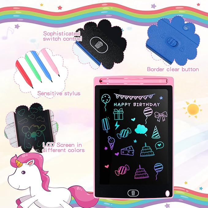 Tinlade 12 Pack LCD Writing Tablets for Kids, 8.5 Inch Erasable Doodle Boards Portable Electronic Drawing Pads, Learning Bulk Toys Gifts for Christmas School(Pink, Green, Red, Blue) Tinlade