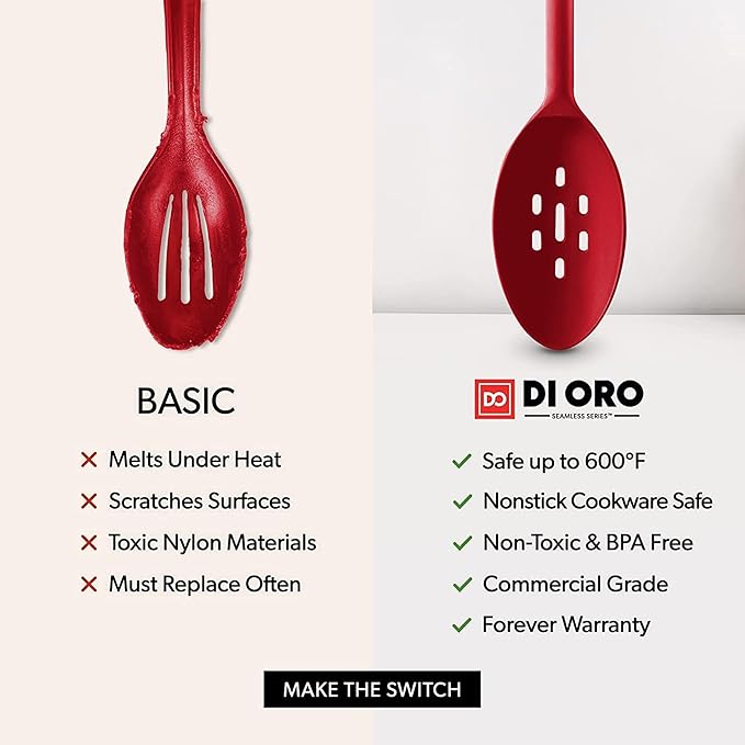 DIORO Silicone Mixing & Serving Spoons - Large Heat-Resistant Non Stick Utensils Big Solid & Slotted Basting & Stirring Spoons - Dishwasher Safe (2pc, Red) DIORO